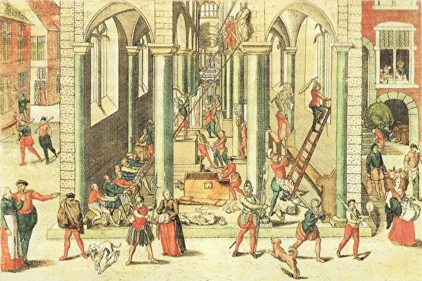 1566年，加尔文派的新教徒正在毁坏安特卫普圣母主教座堂中的雕像与宗教画，图为弗拉芒版画家霍根贝格（Frans Hogenberg）所绘制。（公有领域）