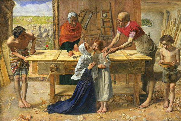 在寒微的环境中，耶稣没有受过传统的正规教育，有时和约瑟学习木匠活。图为[英]米莱斯，《耶稣在父母家》，布面油画，伦敦泰特美术馆藏。（公有领域）