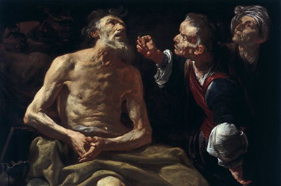 约伯仰望苍天：我是否被神抛弃？苦难有无尽时？图为 [意] 乔阿基诺·阿塞雷托，《被嘲笑的约伯》，布面油画，作于1645—1650年。（公有领域）