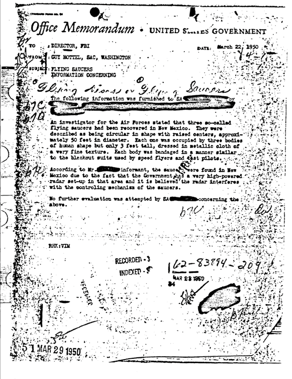 2011年美国联邦调查局（Federal Bureau of Investigation，简称FBI）将一批陈年文件解密上网（vault.fbi.gov），最瞩目的是一份由华盛顿办事处负责人赫特在1950年写给局长、题为“飞碟”的官方备忘录。