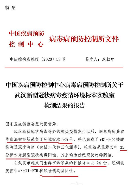 国家疾控中心1月22日提交中共卫健委的武汉市华南海鲜市场检测报告。（大纪元）