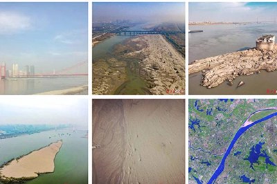 进入枯水期半个多月以来，长江武汉段沿岸呈现大片滩涂。（微博截图）