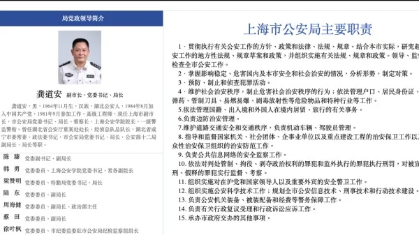 因涉嫌严重违法行为，上海市副市长、市公安局局长龚道安落马。（图片来源：中共上海市公安局官网截图）